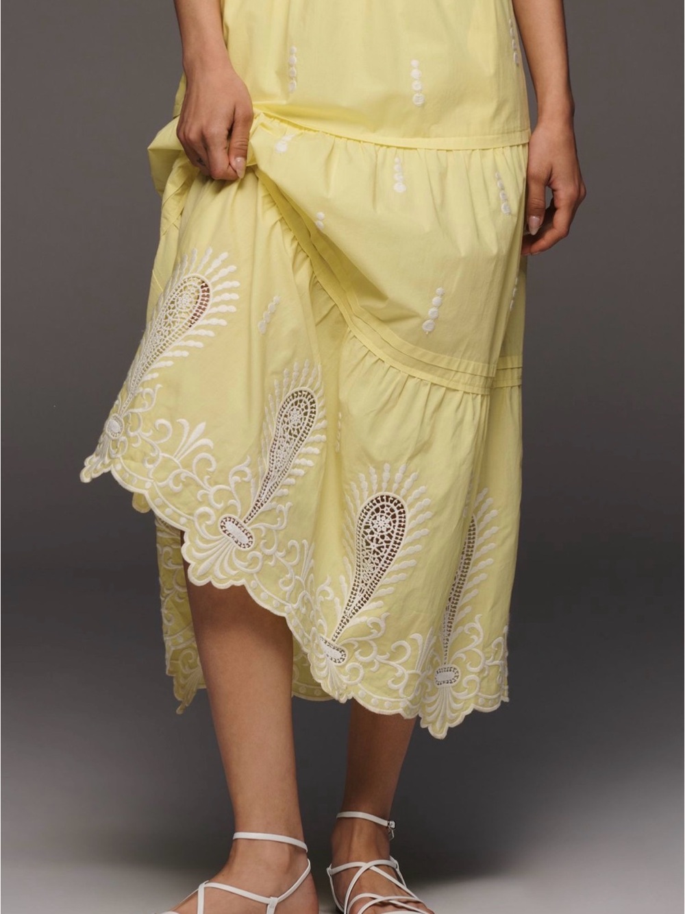 Anthropologie Somerset Yellow Tiered Midi Dress w/Embroidery. Medium NWT - Picture 4 of 9